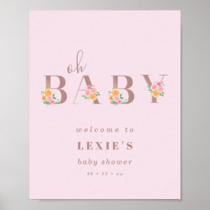 Poster Oh Baby Type et Baby shower Rose Bienvenue