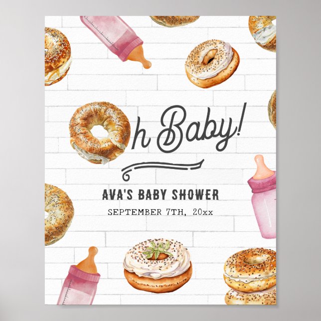 Poster Oh Bébé Bouteilles & Bagels Baby shower rose Bienv (Devant)