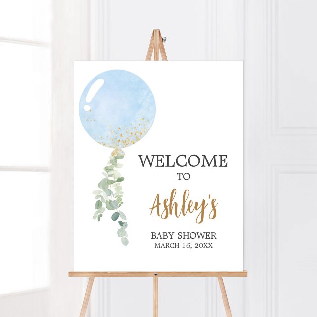 Poster Oh Boy Balloon Baby shower Bienvenue (Blue Balloon Eucalyptus Baby Shower Welcome Sign)
