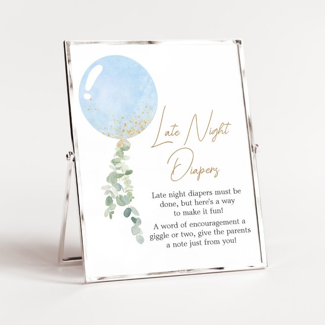 Poster Oh Boy Balloon Baby shower Late Night Diapés (Blue Balloon Eucalyptus Baby Shower Late Night Diapers Sign)