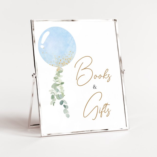 Poster Oh Boy Balloon Baby shower Livres et Cadeaux (Blue Balloon Eucalyptus Baby Shower Books and Gifts Sign)