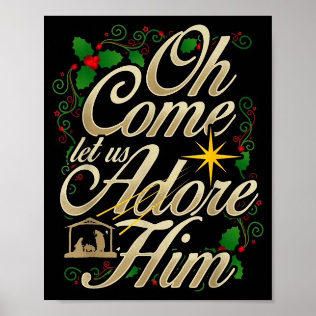 Poster Oh Come Let Us Worship Him Christmas Nativity Scen (Devant)
