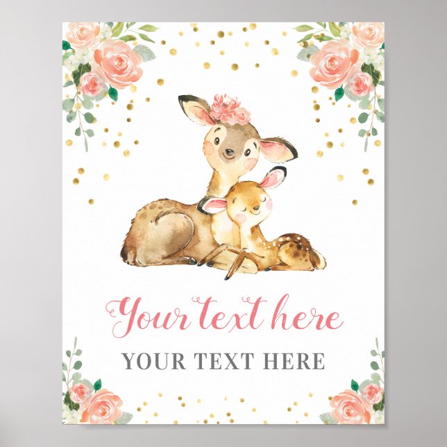 Poster Oh Deer Woodland Baby Girl Shower Personnalisé pêc (Devant)