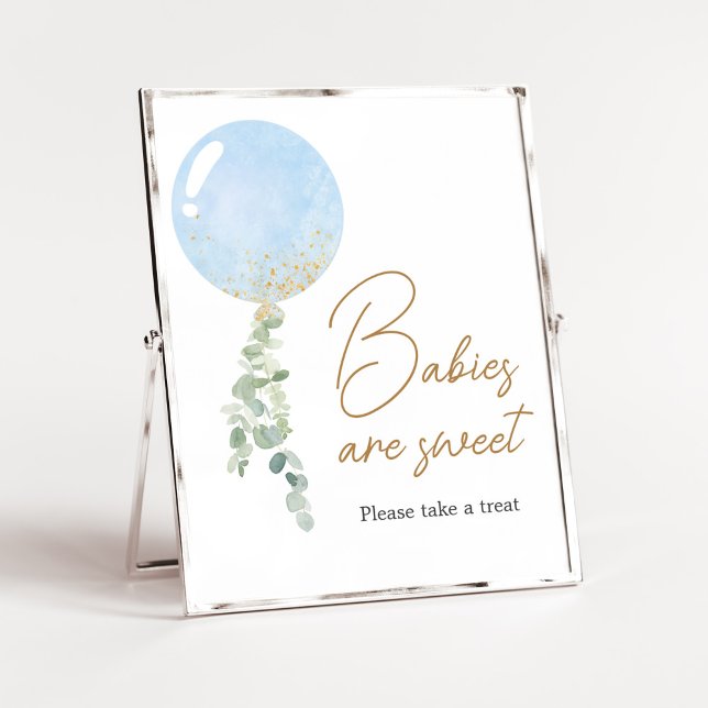 Poster Oh garçon Baby shower de ballon Les bébés sont dou (Blue Balloon Eucalyptus Baby Shower Babies are Sweet Sign)