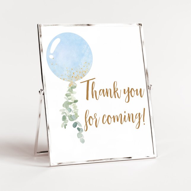 Poster Oh mon garçon Baby shower de ballon Merci pour ven (Blue Balloon Eucalyptus Baby Shower Thank you for Coming Sign)