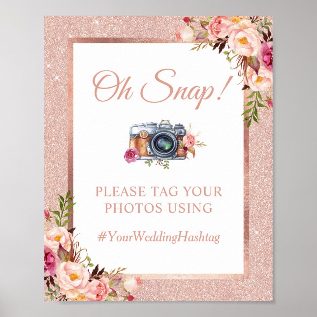 Poster Oh Snap Faux Rose Gold Parties scintillant Floral  (Devant)