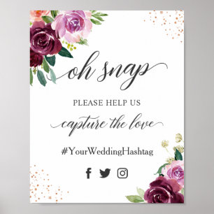 Poster Oh Snap Hashtag Panneau de Mariage Fleur Fonce Vio
