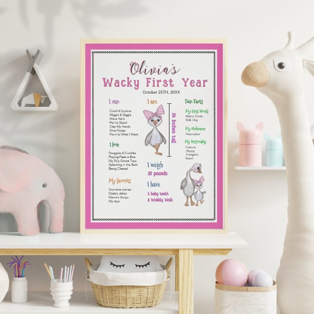 Poster Oie blanche rose Anniversaire Carte de jalon (Pink Whimsical Goose Birthday Milestone Board Poster)