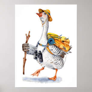 Poster Oie de randonnée avec le sac à dos et les jumelles
