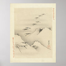 Oies au-dessus des montagnes, peinture japonaise a