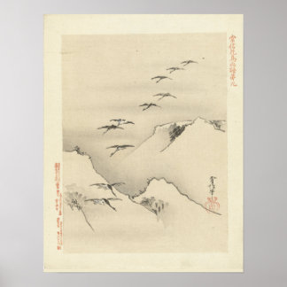 Poster Oies au-dessus des montagnes, peinture japonaise a