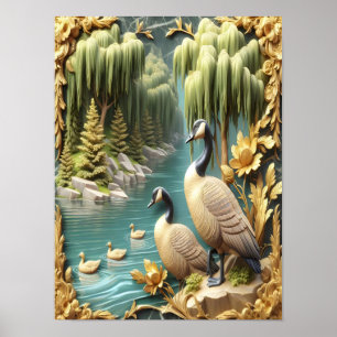 Poster Oies du Canada au milieu des saules pleurs 12x16