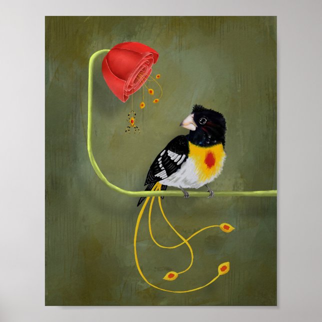 Poster Oiseau à poitrine jaune rouge avec araignée de ban (Devant)
