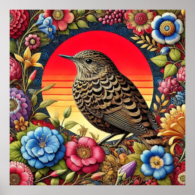 Poster Oiseau Au Milieu De Fleurs Colorées (Devant)