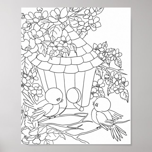 Poster Oiseau Birdhouse fleurie art coloration adulte (Devant)