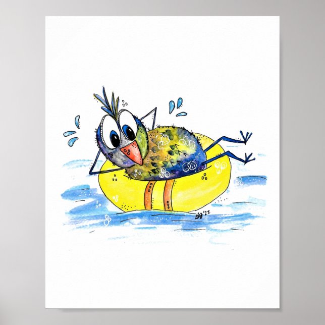 Poster Oiseau blanc mignon sur flotteur (Devant)