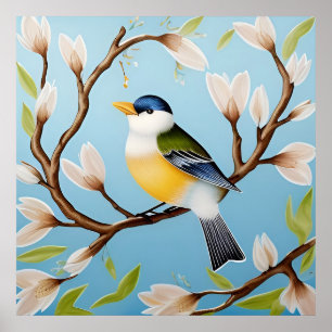 Poster Oiseau bleu coloré perché sur une branche en fleur
