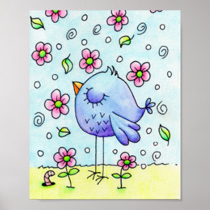 Poster Oiseau Bleu Fantaisiste Et Fleurs