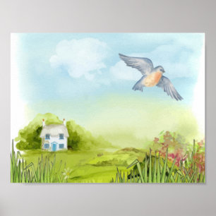 Poster Oiseau bleu paisible et petite maison Paysage
