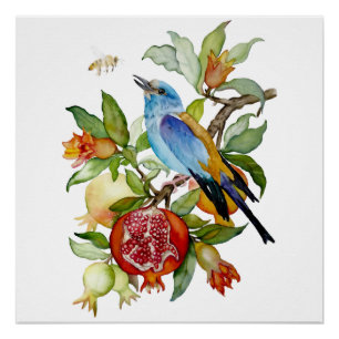 Poster Oiseau bleu parmi les grenades botanique à l'aquar