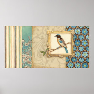 Poster Oiseau Brown et bleu sur une branche recherchant