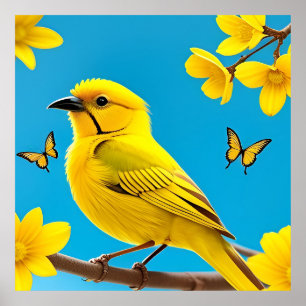 Poster Oiseau chanteur jaune vif perché sur une branche