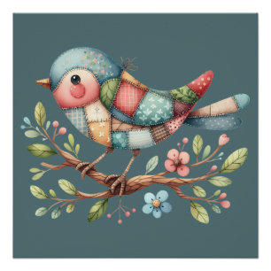 Poster Oiseau chanteur patchwork sur branche fleurie