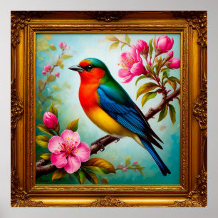 Poster Oiseau chanteur vibrant sur branche fleurie
