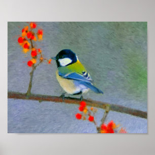 Poster Oiseau coloré aux fleurs rouge/orange