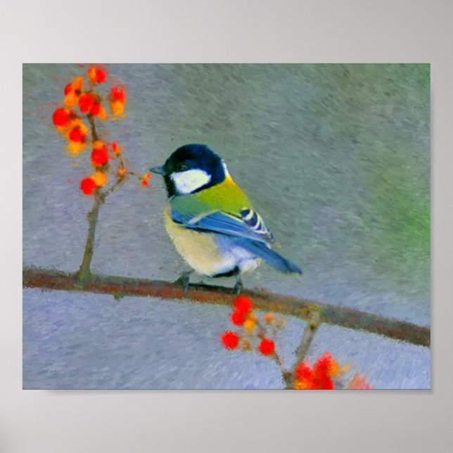 Poster Oiseau coloré aux fleurs rouge/orange (Devant)