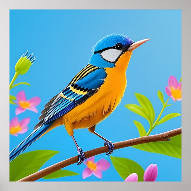 Poster Oiseau Coloré sur Branche en Fleurs (Devant)