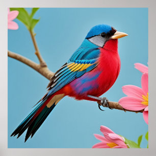 Poster Oiseau Coloré sur Branche en Fleurs