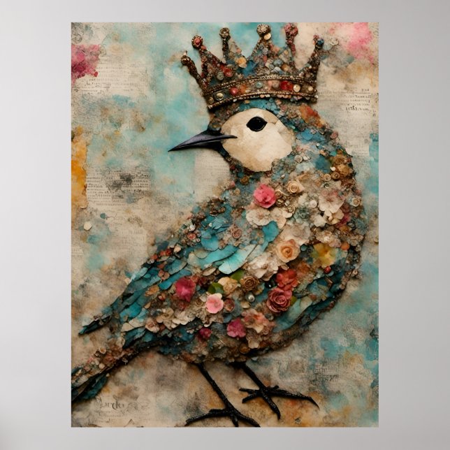Poster Oiseau dans un collage médiatique mixte de la Cour (Devant)