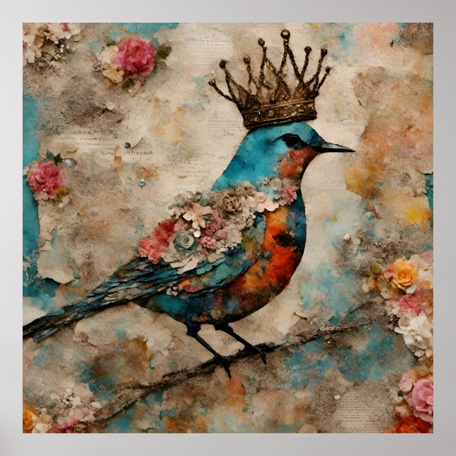 Poster Oiseau dans un collage médiatique mixte de la Cour (Devant)