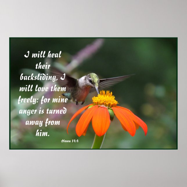 Poster Oiseau de colibri Fleur Floral Hosea 14:4 Guéri (Devant)