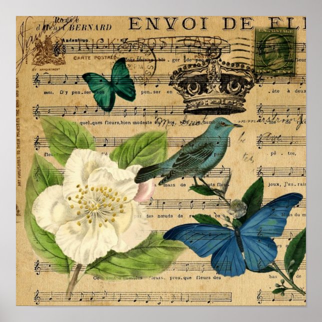 Poster Oiseau de couronne vintage Notes musicales botaniq (Devant)