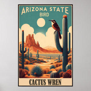 Poster Oiseau de l'Arizona - Troglodyte des cactus Vintag