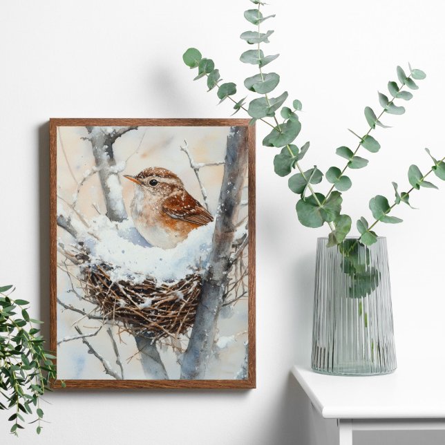Poster Oiseau de neige d'hiver dans l'arbre du nid Aquare (Winter Bird, Wren Bird in Snowy Nest in Tree. Watercolor Wall Art poster print or digital)