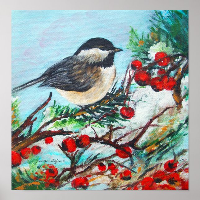 Poster Oiseau De Pickadee Noir Cappé Avec Berries Glossy (Devant)