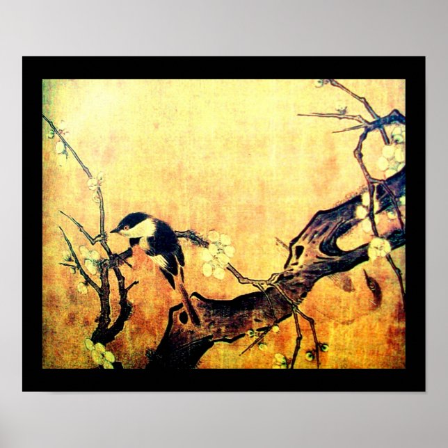 Poster OISEAU DE PRINTEMPS ET ARBRE FLEURI Jaune Brun Noi (Devant)