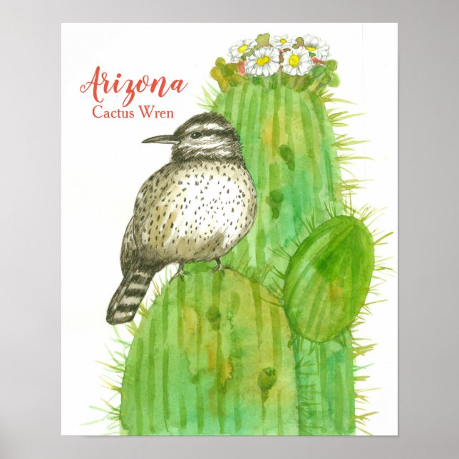 Poster Oiseau d'État de l'Arizona Cactus Wren (Devant)