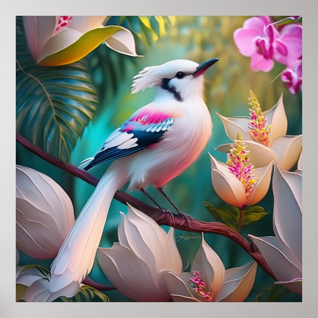 Poster Oiseau d'Imaginaire tacheté blanc crêpé (Devant)
