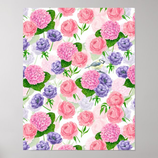 Poster Oiseau et fleurs (Devant)