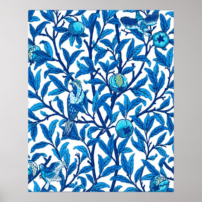 Poster Oiseau et grenade Art Nouveau, Bleu de Cobalt (Devant)