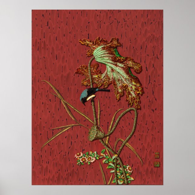 Poster Oiseau et Plante Janpanese Art ornemental (Devant)