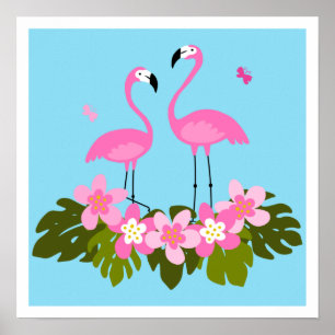 Poster Oiseau exotique. Flamant rose et feuilles tropicau