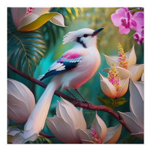 Poster Oiseau Fantastique à Crête Blanche et Poitrine Ros