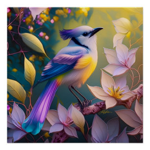 Poster Oiseau Fantastique Violet à Tufté et Poitrine Jaun