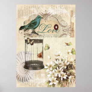 Poster oiseau français vintage moderne de cage à oiseaux
