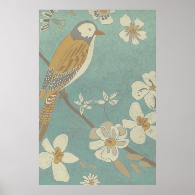 Poster Oiseau jaune, gris et beige perché sur une branche (Devant)